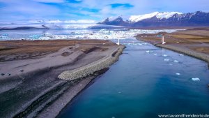 Drohnenaufnahme der Gletscherlagune Jökulsarlon